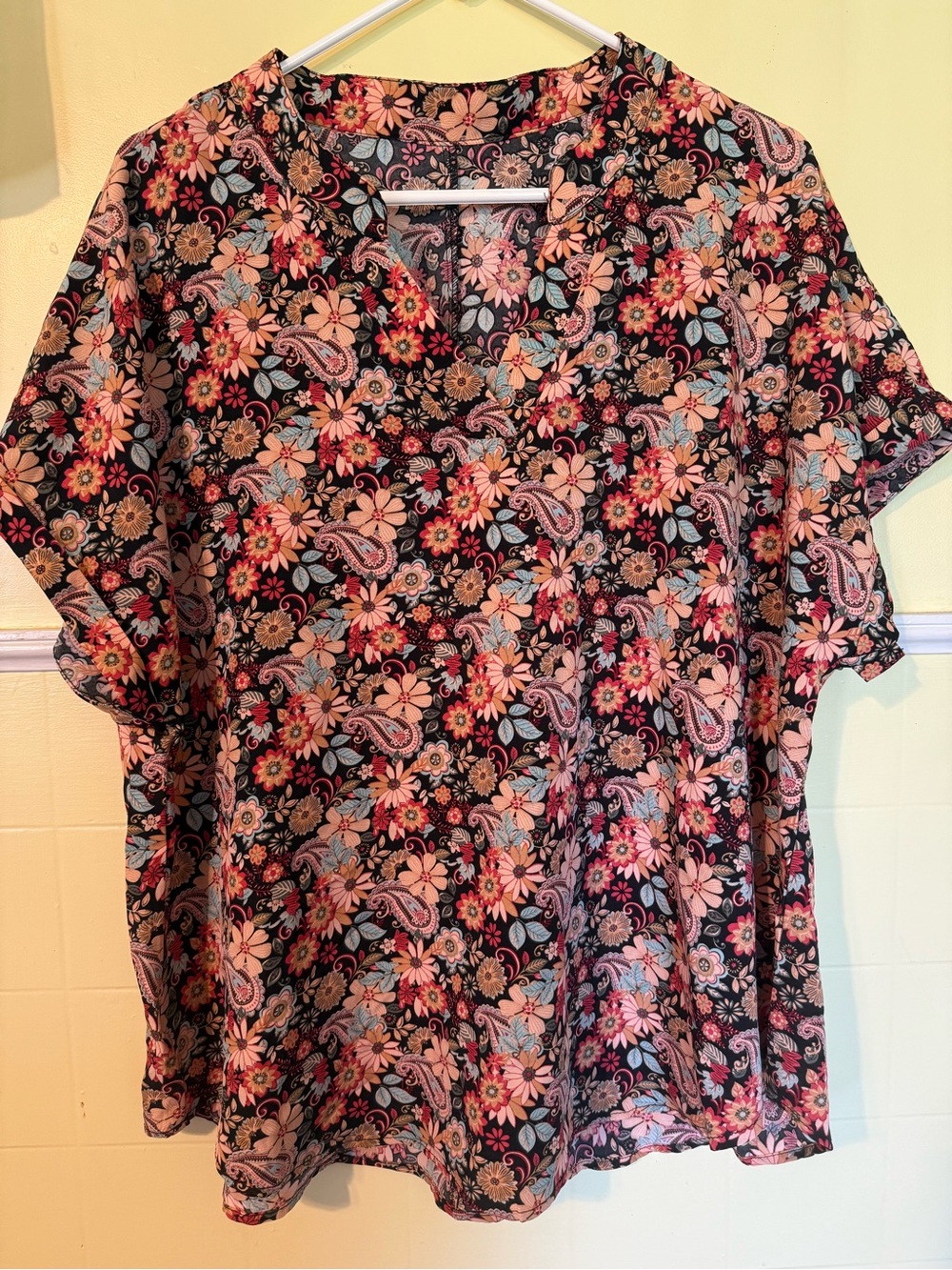 SHEIN Black Floral Paisley V-Neck Blouse with Pink Accents